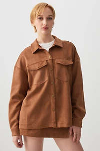 Ardene Oversized Faux Suede Shirt in Cognac | Size | Polyester/Elastane/Faux Suede