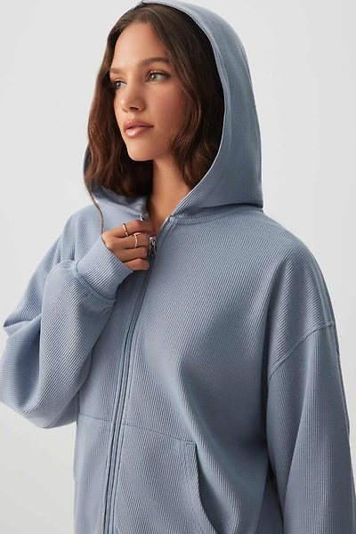 Ardene Waffle Knit Zip Up Hoodie in Medium Blue | Size | Polyester/Spandex