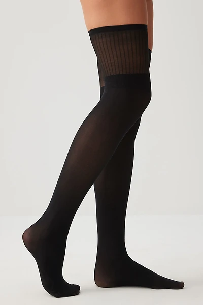 Ardene Sheer Rib Cuff Over-the-Knee Socks in Black | Elastane/Polyamide