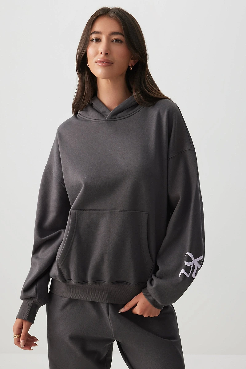 Ardene Bow Print Relaxed Hoodie in Dark Grey | Size | Polyester/Cotton | Fleece-Lined