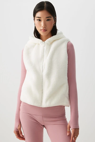 Ardene Hooded Sherpa Vest in Off-White | Size Small | Polyester