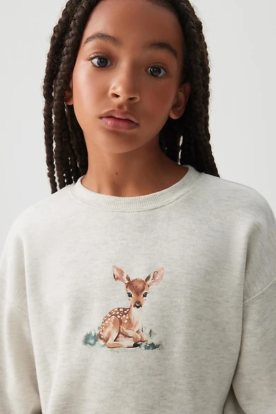 Ardene Kids Graphic Crew Neck Sweatshirt in Beige | Size | Polyester/Cotton | Fleece-Lined