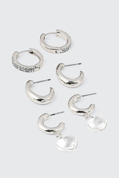 Ardene 3-Pack Crystal & Heart Hoops in Silver | Stainless Steel
