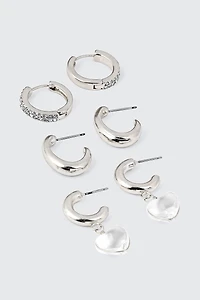 Ardene 3-Pack Crystal & Heart Hoops in Silver | Stainless Steel