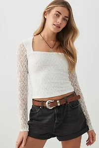 Ardene Lace Trapeze Neck Long Sleeve Top in Off-White | Size | Polyester/Elastane/Polyamide