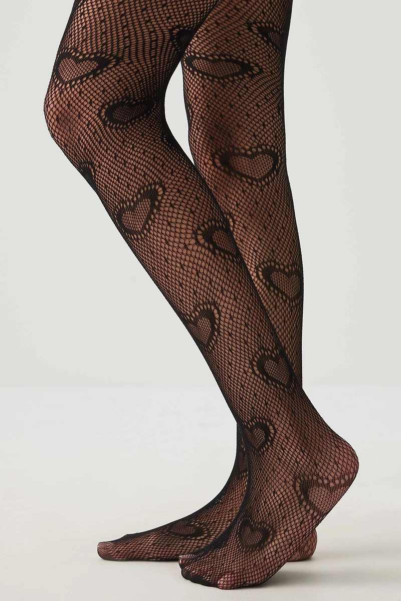 Ardene Heart Pattern Fishnet Tights in Black | Size | Spandex/Polyamide