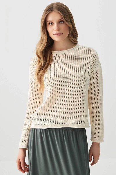 Ardene Open Stitch Crew Neck Sweater in Beige | Size Small | 100% Cotton