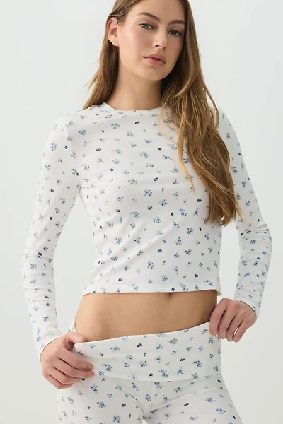 Ardene Fruit Print Super Soft Rib PJ Top in White | Size Small | Polyester/Elastane | Eco-Conscious