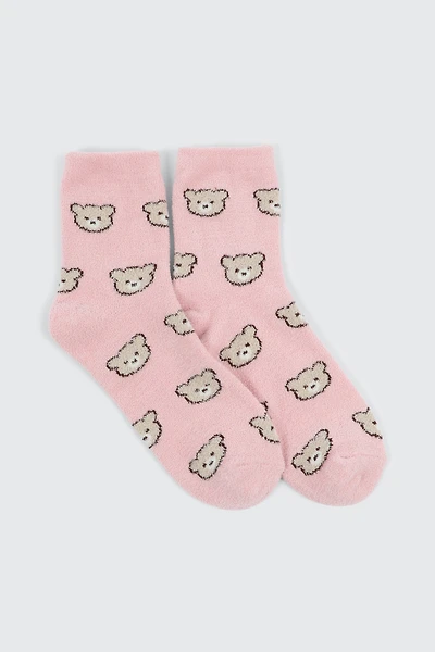 Ardene Kids Teddy Bear Cozy Socks in Medium Pink | Polyester/Spandex