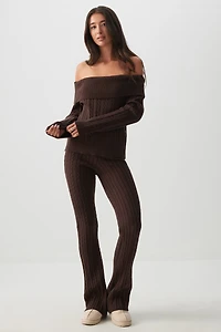 Ardene Cable Knit Flare Pants in Brown | Size | Polyester/Nylon/Viscose
