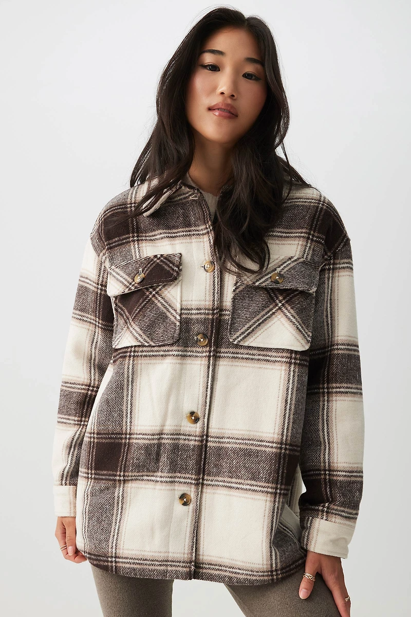 Ardene Sherpa Lined Plaid Shirt Jacket in | Size | Polyester