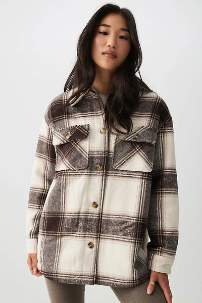 Ardene Sherpa Lined Plaid Shirt Jacket in | Size | Polyester