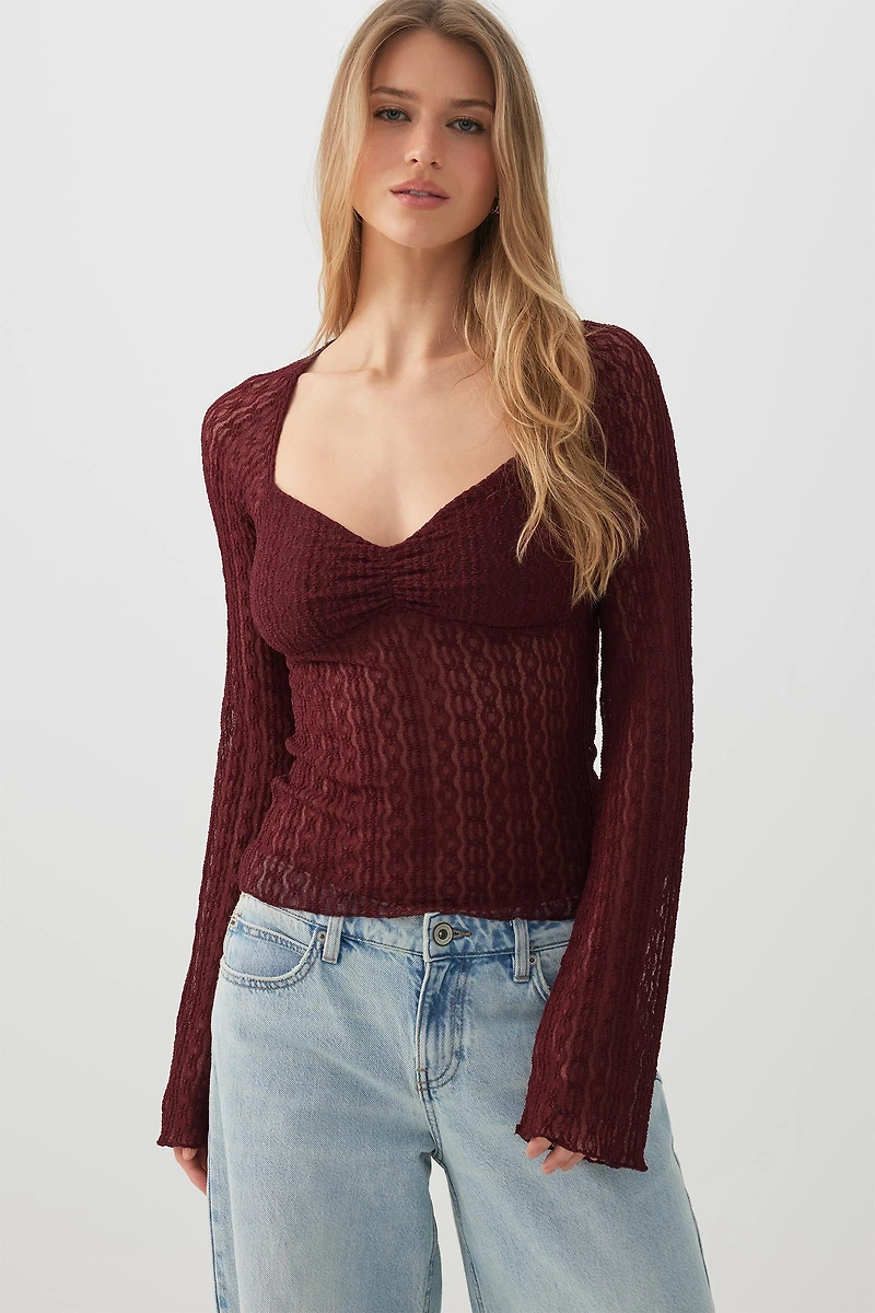 Ardene Lace Long Sleeve Top in Burgundy | Size | Polyester/Nylon/Elastane