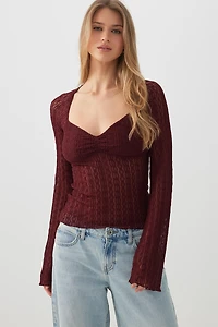 Ardene Lace Long Sleeve Top in Burgundy | Size | Polyester/Nylon/Elastane