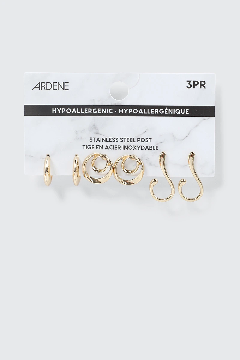 3 paires de boucles d'oreilles spirales
