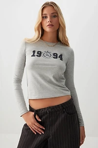 Ardene Graphic Short Long Sleeve T-Shirt in Grey | Size | Cotton/Elastane/Viscose
