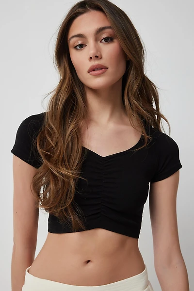 Ardene Ultra Crop Seamless Ruched T-Shirt in | Size Large | Nylon/Elastane