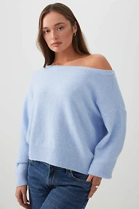 Ardene Relaxed Off Shoulder Sweater in Light Blue | Size | Polyester/Spandex
