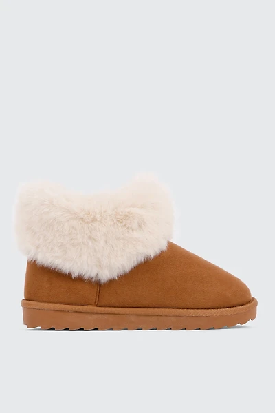 Ardene Faux Sheepskin Ankle Boots with Fur Trim in Cognac | Size | Faux Suede | Eco-Conscious
