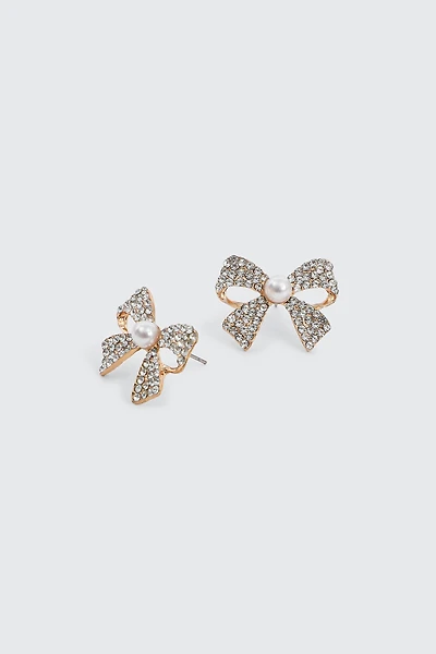 Ardene Rhinestone & Pearl Bow Earrings in Gold | Stainless Steel