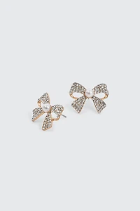 Ardene Rhinestone & Pearl Bow Earrings in Gold | Stainless Steel