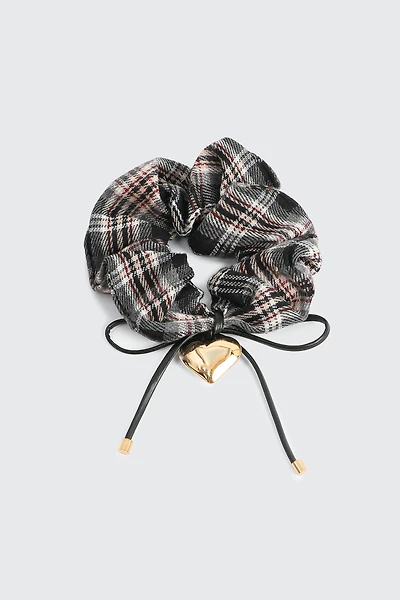 Ardene Plaid Scrunchie with Charms in Black | Polyester