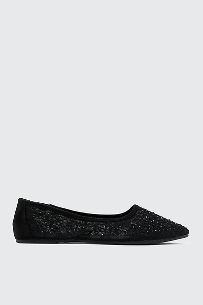 Ardene Embellished Lace Flats in Black | Size