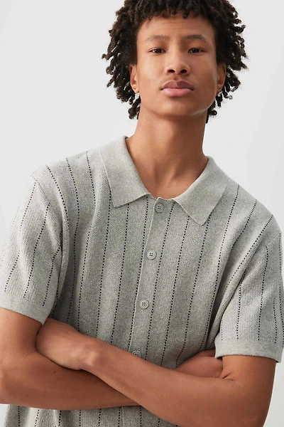 Ardene Man Striped Button-Up Polo Shirt For Men in Grey | Size | 100% Cotton