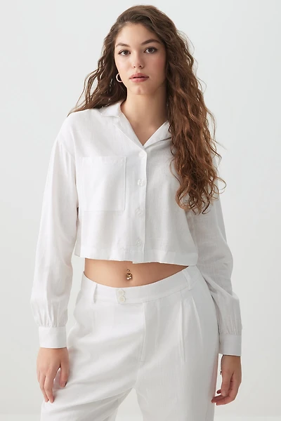 Ardene Crop Linen Blend Shirt in White | Size Medium | Viscose