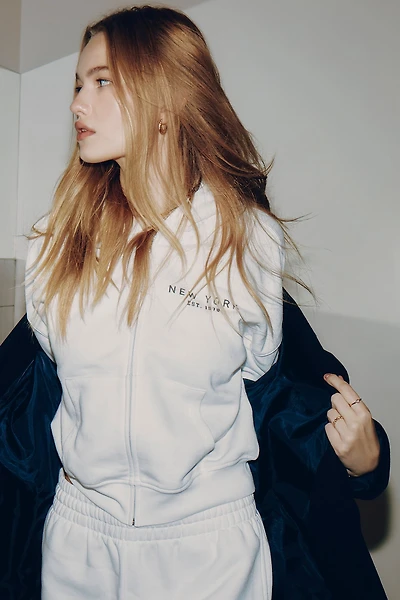 Ardene New York Zip Up Hoodie in White | Size Large | Polyester/Cotton | Fleece-Lined