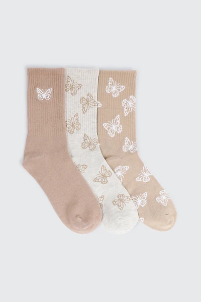 Ardene 3-Pack Butterfly Crew Socks | Polyester/Spandex