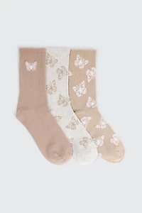 Ardene 3-Pack Butterfly Crew Socks | Polyester/Spandex