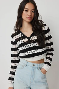Ardene Striped Crochet Hooded Sweater in Black | Size | Nylon