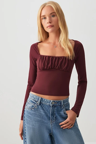 Ardene Ruched Bust Long Sleeve Top in Burgundy | Size | Polyester/Elastane