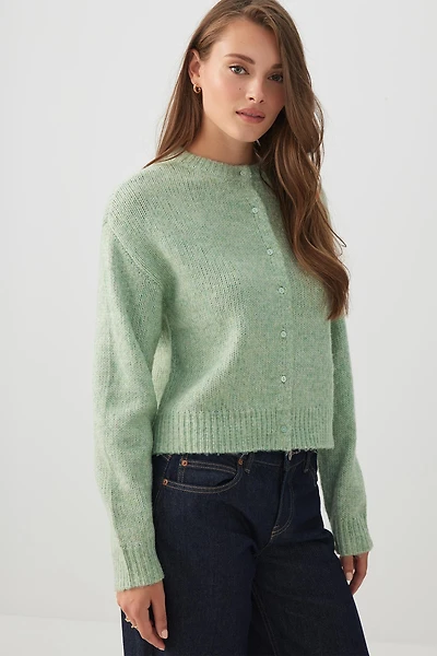 Ardene Fuzzy Knit Cardigan in Light Green | Size | Polyester