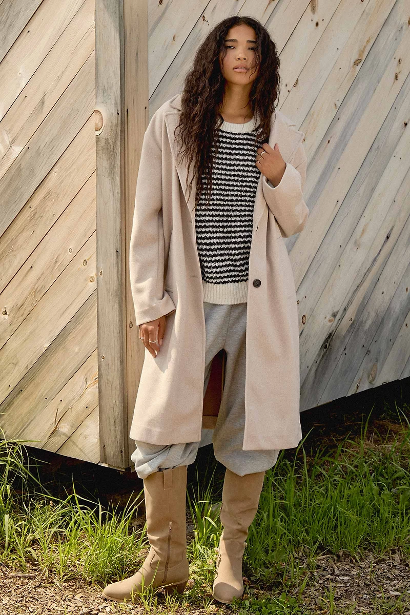 Ardene Two-Button Brushed Felt Coat in Beige | Size Small | Polyester