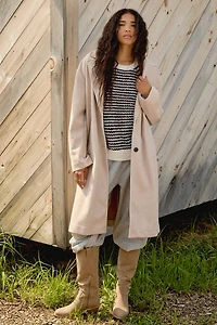Ardene Two-Button Brushed Felt Coat in Beige | Size Small | Polyester