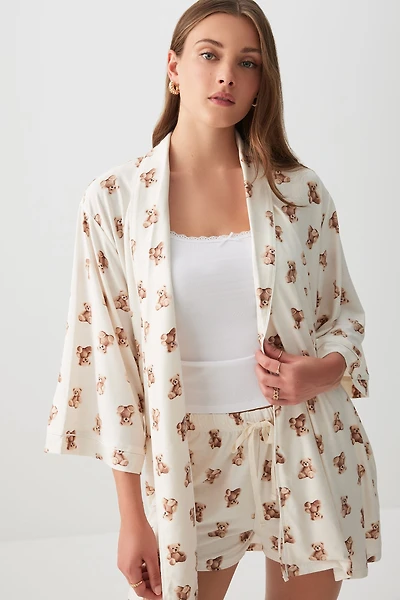 Ardene Teddy Bear Print Super Soft Robe in Beige | Size | Polyester/Spandex | Eco-Conscious