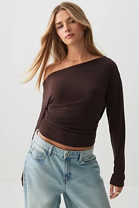 Ardene Asymmetrical Long Sleeve Top in Brown | Size | Polyester/Elastane/Viscose