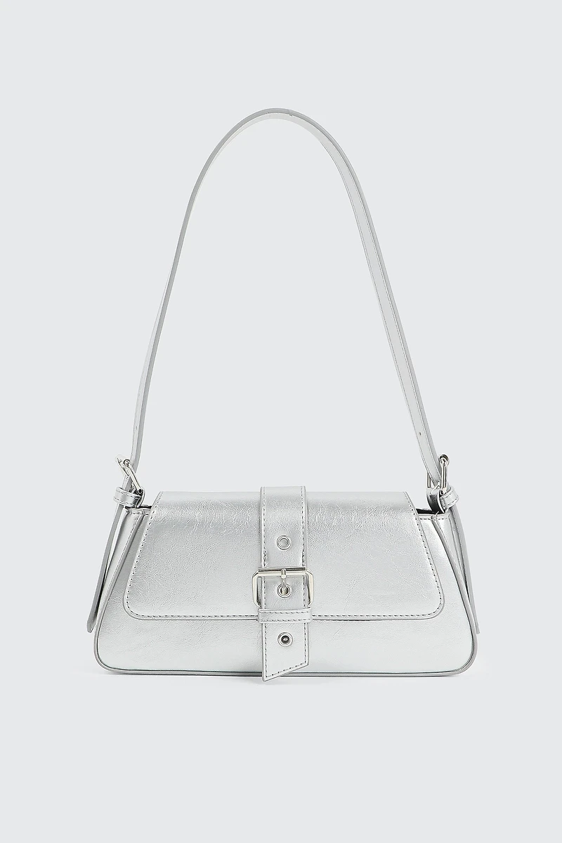 Ardene Shoulder Bag with Buckle in Silver | 100% Recycled Polyester/Faux Leather | Eco-Conscious