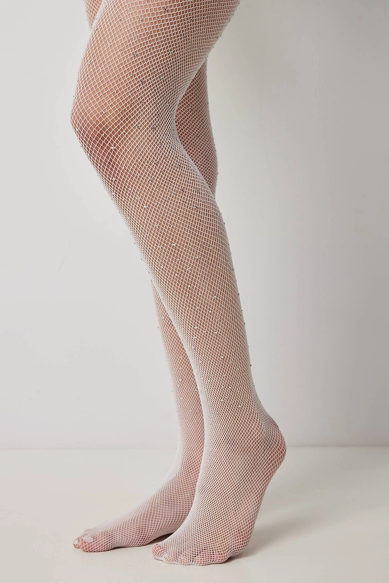 Ardene Tights with Crystals in White | Spandex/Polyamide