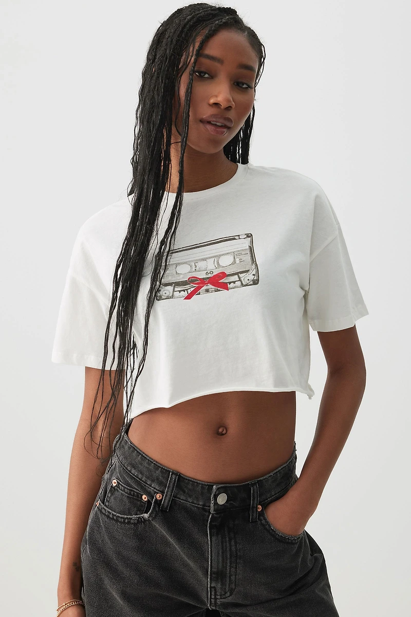 Ardene Raw Hem Crop T-Shirt in White | Size XL | 100% Cotton