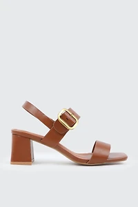 Ardene Block Heel Sandals with Buckle Strap in Cognac | Size | Faux Leather