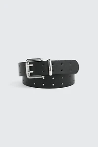 Ardene Double Prong Faux Leather Belt in Black | Size