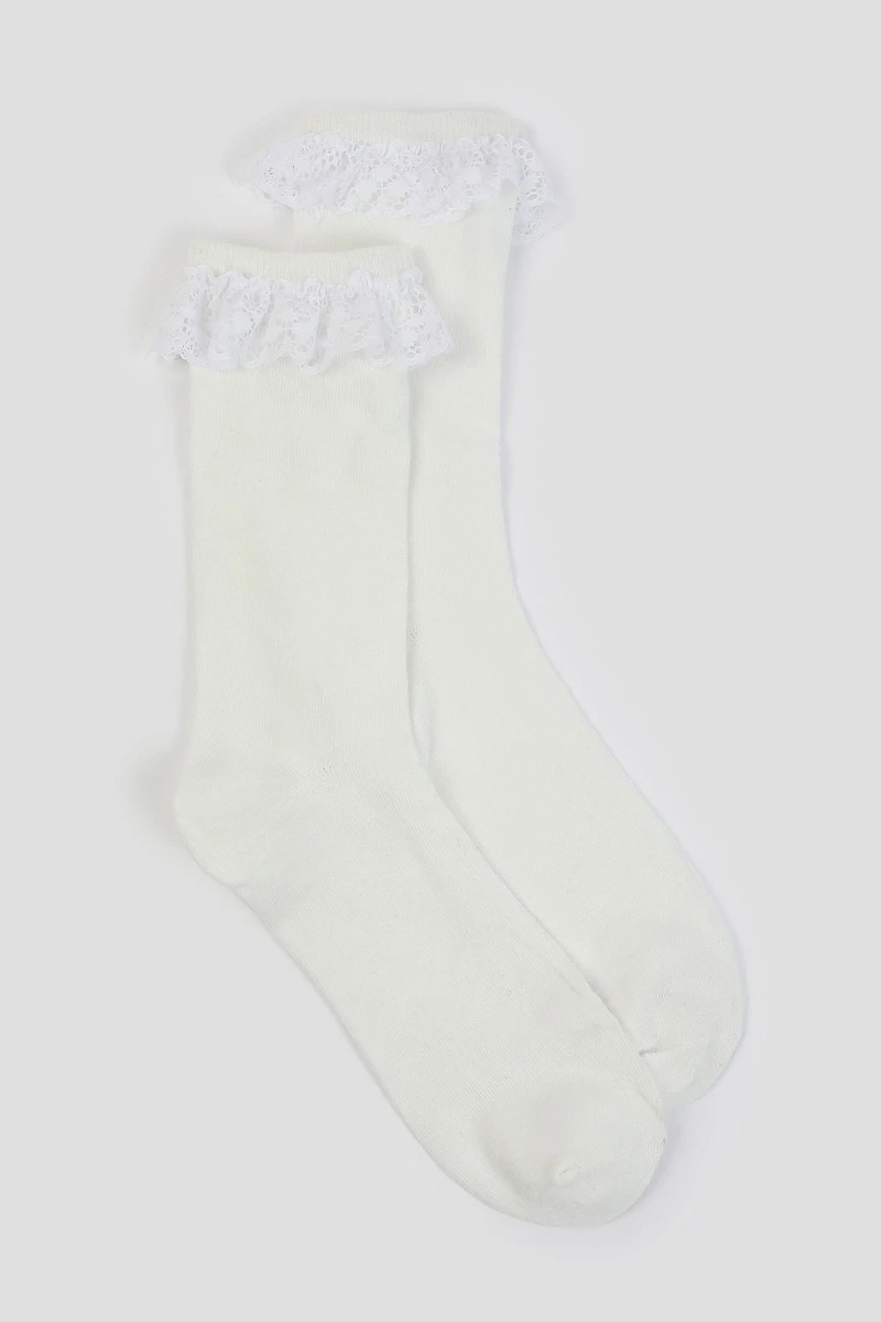 Ardene Lace Trim Crew Socks in White | Polyester/Spandex