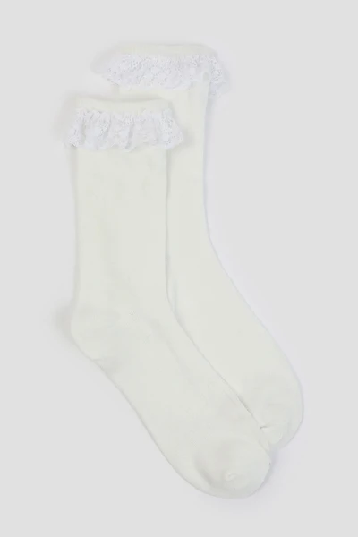 Ardene Lace Trim Crew Socks in White | Polyester/Spandex