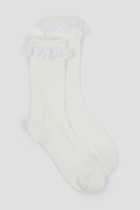 Ardene Lace Trim Crew Socks in White | Polyester/Spandex