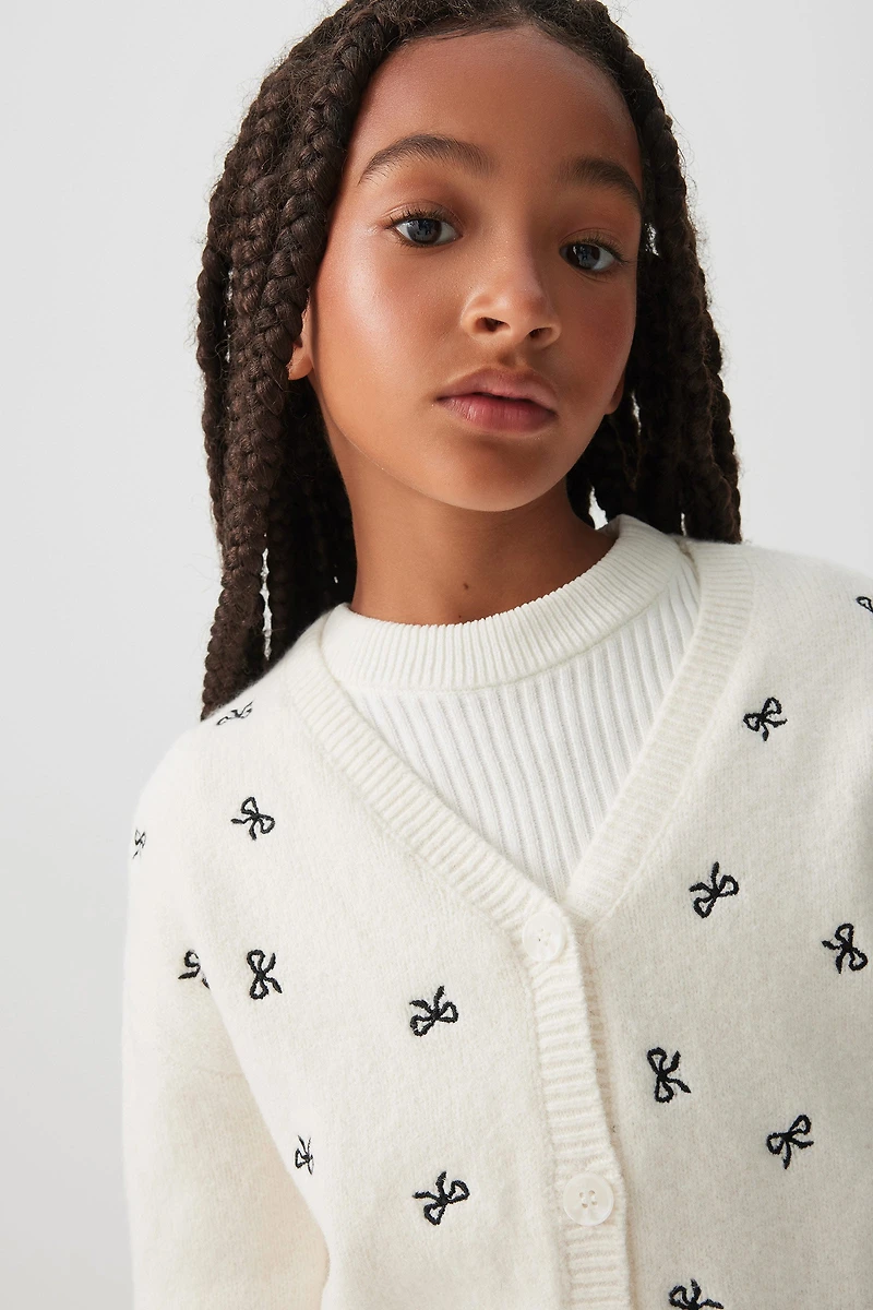 Ardene Kids V-Neck cardigan with Bow Embroideries in Off-White | Size | Polyester/Elastane