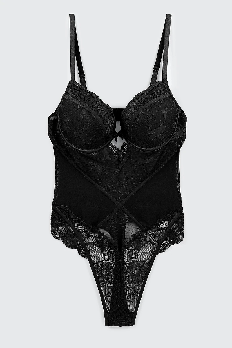 Ardene Luxe Lace Push Up Teddy in | Size | Nylon/Spandex