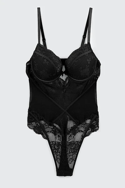 Ardene Luxe Lace Push Up Teddy in | Size | Nylon/Spandex